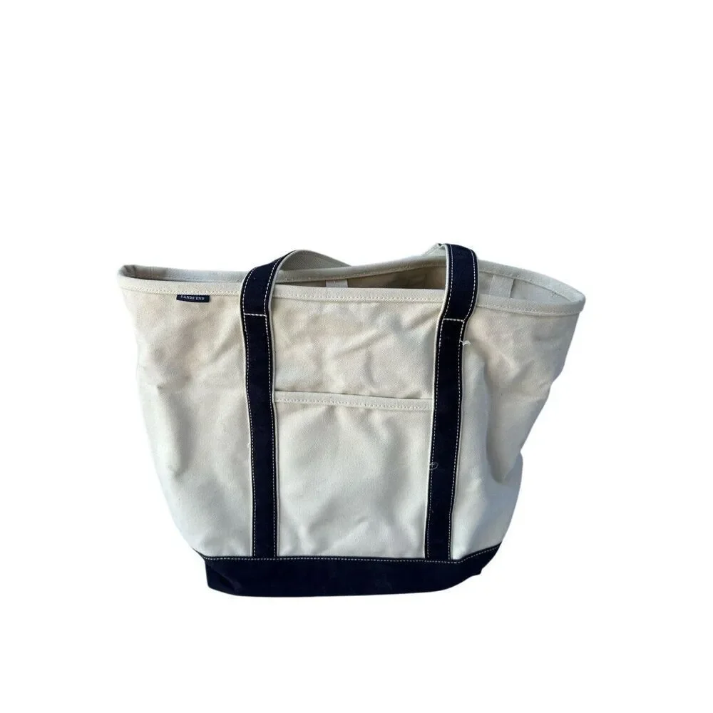Lands End Boat tote cream canvas black straps 23
